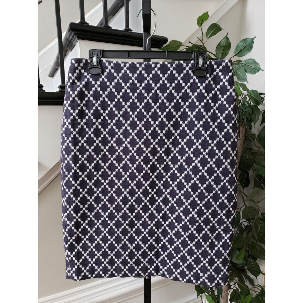 Ann Taylor Jacquard Pencil Skirt Womens 8 Blue White Geometric‎ Cotton Back Zip
